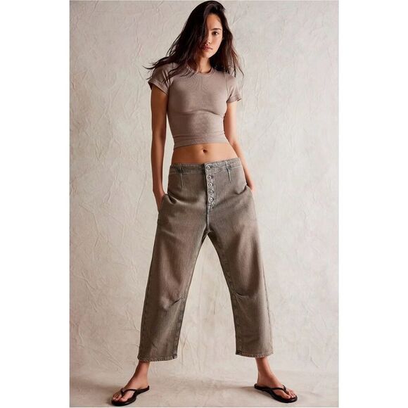 Free People We The Free Osaka Mid Rase Barrel Jeans size 28 Sage Khaki - Picture 1 of 12